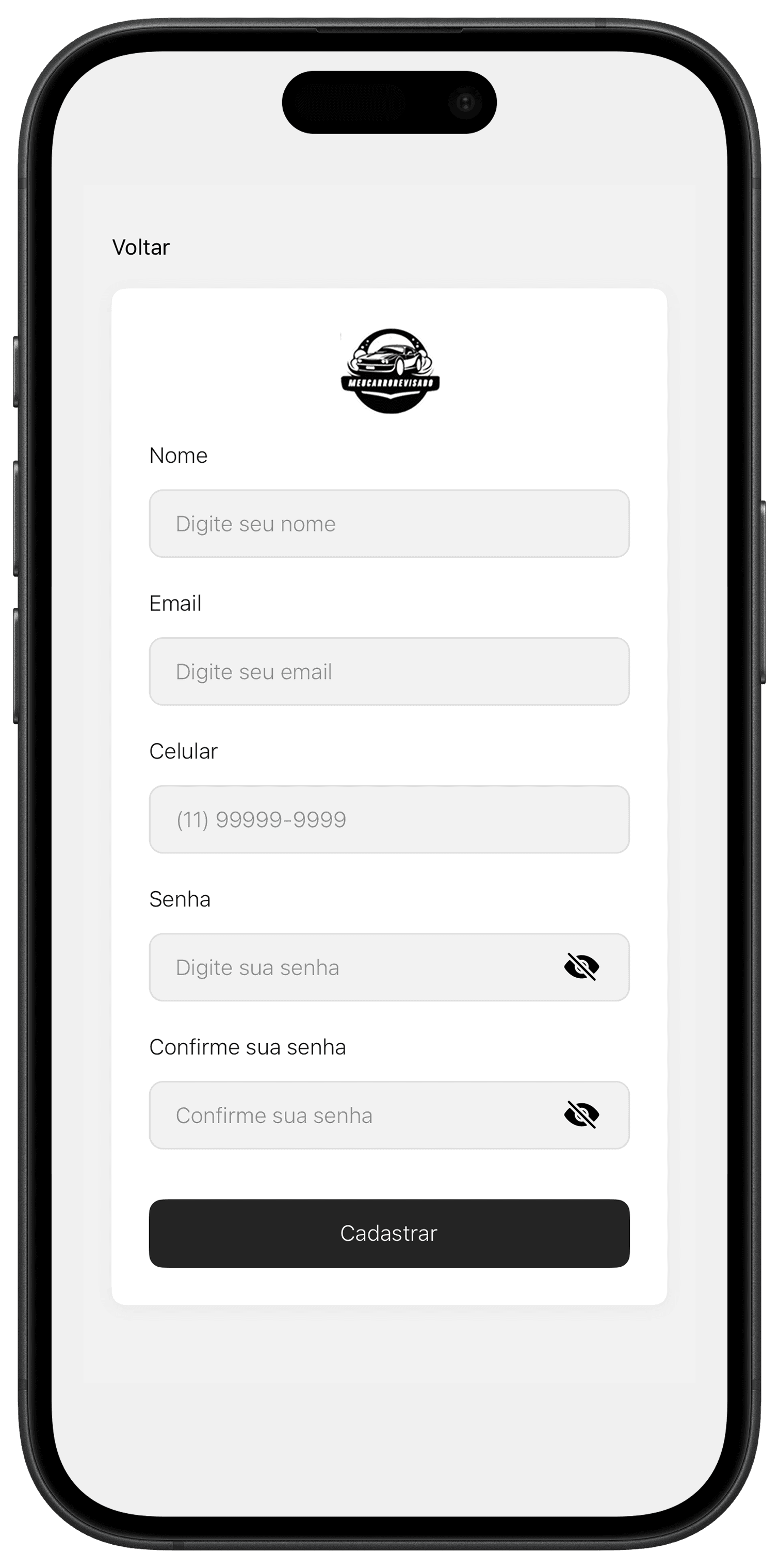 Mockup da tela de cadastro no aplicativo MeuCarroRevisado